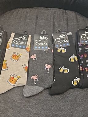 NWT 5 Pairs Into Crew Men's Novelty Socks Beer Pink Flamingos Cocktails Paradise